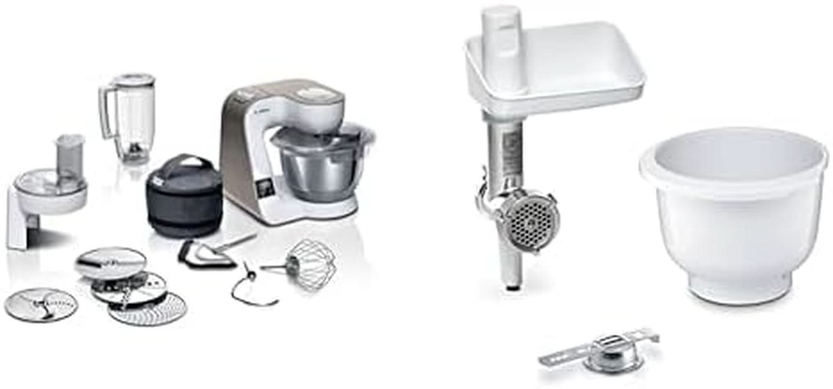 Bosch Serie 4 MUM5X720 robot de cocina, báscula integrada, bol de acero inoxidable 3,9L, batidora 1,25L, 1000W Accesorios Alimentación y Lactancia Baby Naty Shop Bundle con Bakingsensation White Champagne 2 accesorios