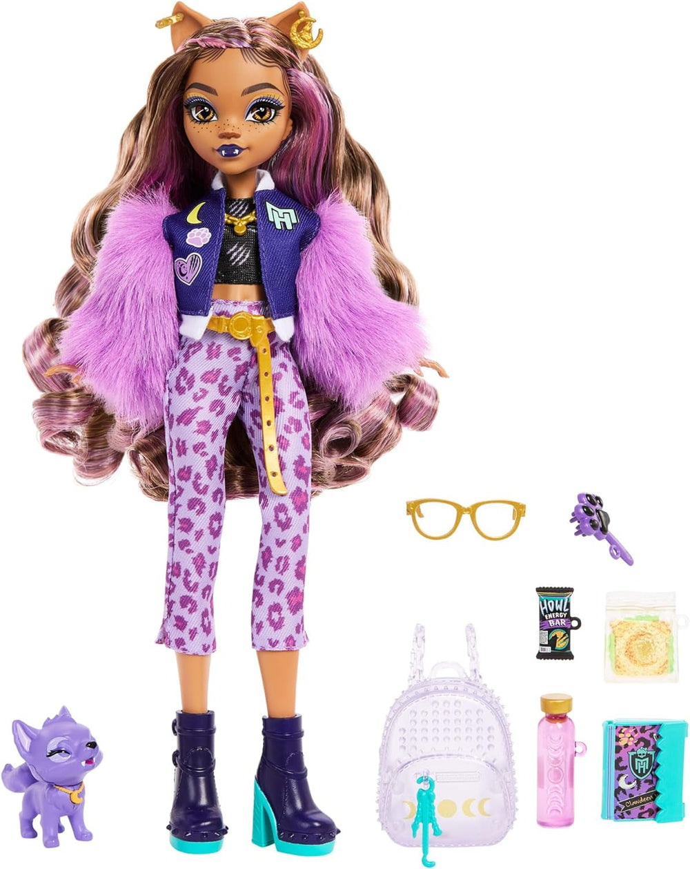 Muñeca Monster High Clawdeen Wolf con Crescent Dog y accesorios como mochila, calendario, snacks y más, HRP65 Naty Shop Muñecas