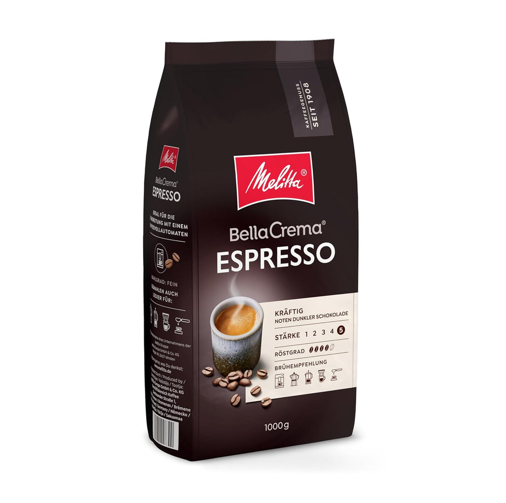 Melitta BellaCrema Espresso Ganze Kaffee-Bohnen 1kg, ungemahlen, Kaffeebohnen für Kaffee-Vollautomat, kräftige Röstung, geröstet in Deutschland, Stärke 5