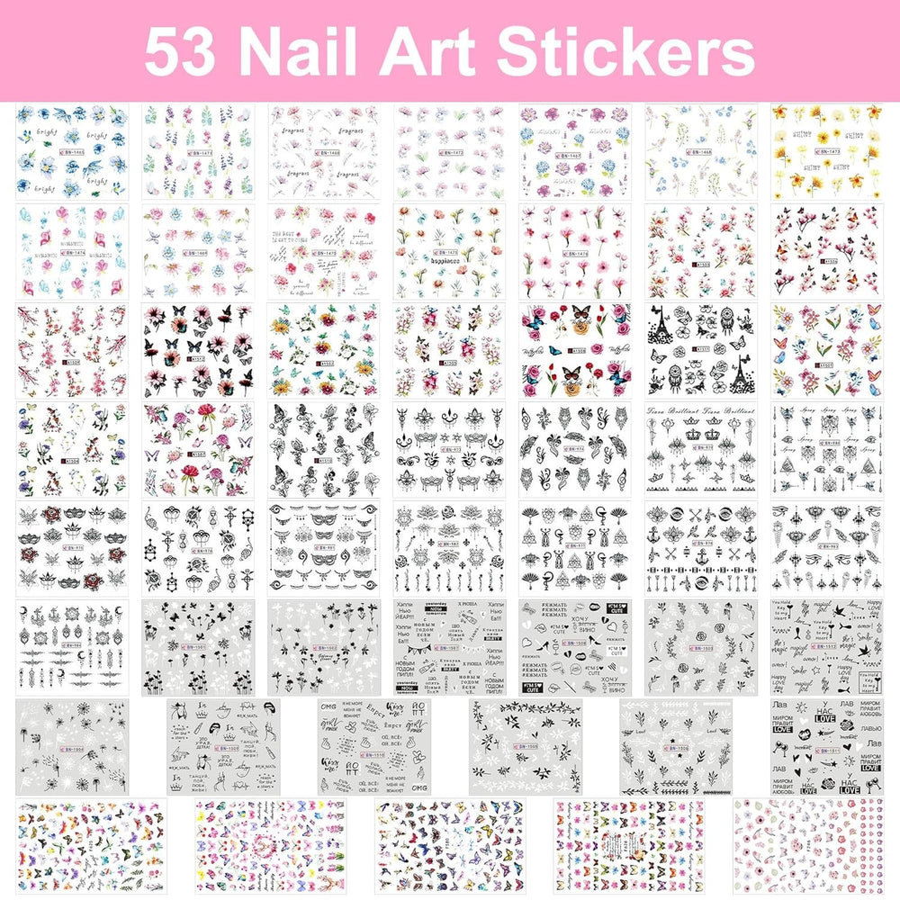 53 Blätter Nagelsticker, Nail Art Pinsel Und Dekorationen Set, 15 PCS Pinsel, 5 PCS Dotted Pens, Strasssteine, Blattgold Für Nagelkunst, Nagel Pailletten, Nagelkunstwerkzeuge Und Dekorationssets
