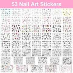 53 Blätter Nagelsticker, Nail Art Pinsel Und Dekorationen Set, 15 PCS Pinsel, 5 PCS Dotted Pens, Strasssteine, Blattgold Für Nagelkunst, Nagel Pailletten, Nagelkunstwerkzeuge Und Dekorationssets