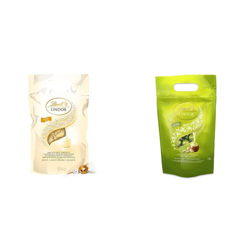 LINDOR bolitas de chocolate blanco, 1 kg y LINDOR | Bolsa resellable de 1 kg | aprox. 80 bolitas de chocolate con leche con relleno de menta | Paquete a granel, regalo de praliné, regalo de chocolate.