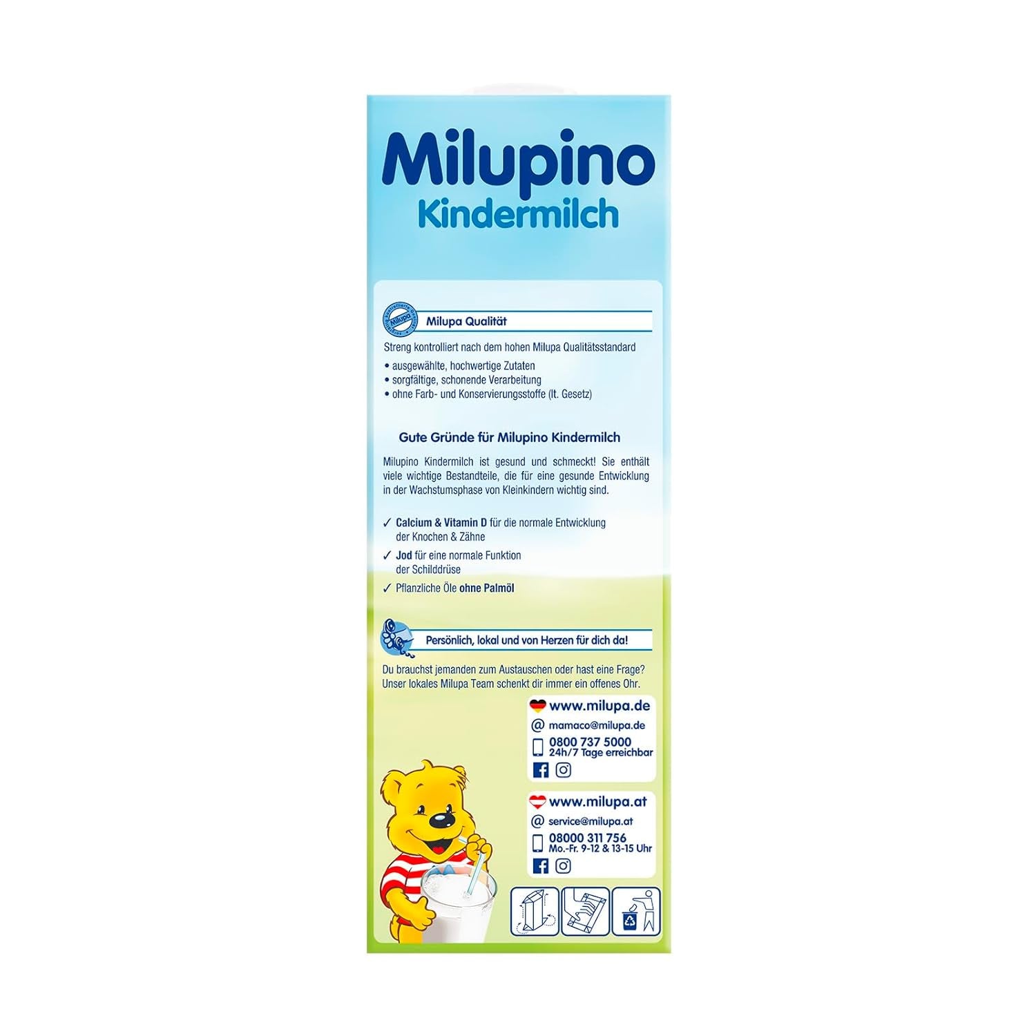 Milupa Milupino Leche de crecimiento lista para beber (6x1L), a partir de 1 año, para niños pequeños en fase de crecimiento
