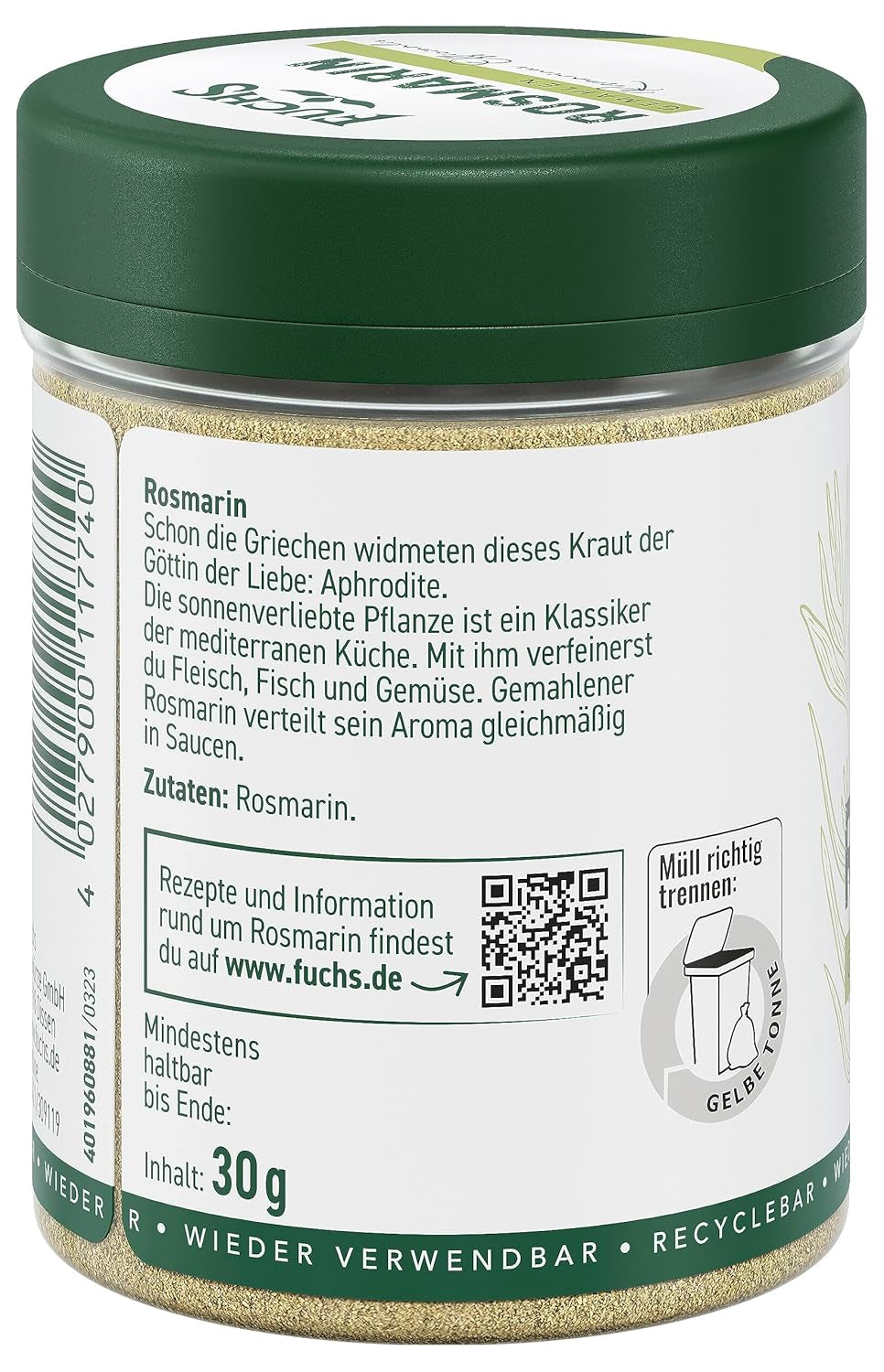 Fuchs Gewürze - Rosmarin gemahlen - zum Würzen von Fisch, Fleisch und Gemüse - ingredientes naturales - 30 g en wiederverwendbarer, recyclebarer Dosis