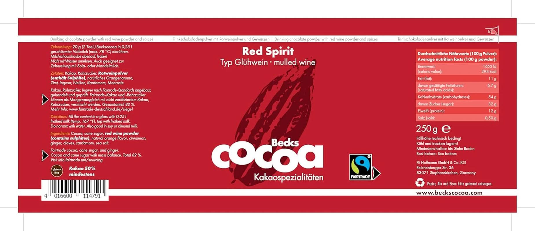 Red Spirit, cacao fino aromatizado con vino tinto, 250 gramos de cacao y chocolate caliente Naty Shop