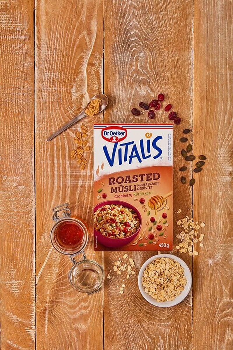 Dr. Oetker Vitalis Muesli tostado con arándanos y semillas de calabaza: Muesli tostado con arándanos secos, paquete de 8 (8 x 501 g)