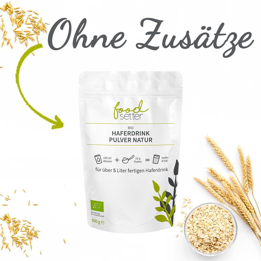 foodsetter Bio Haferdrink Pulver | Bolsa de 500 g | Haferpulver | Haferpulver instantáneo | Biocalidad | Vegano | Sin gluten | Ohne Zuckerzusatz | 0,5 kilogramos