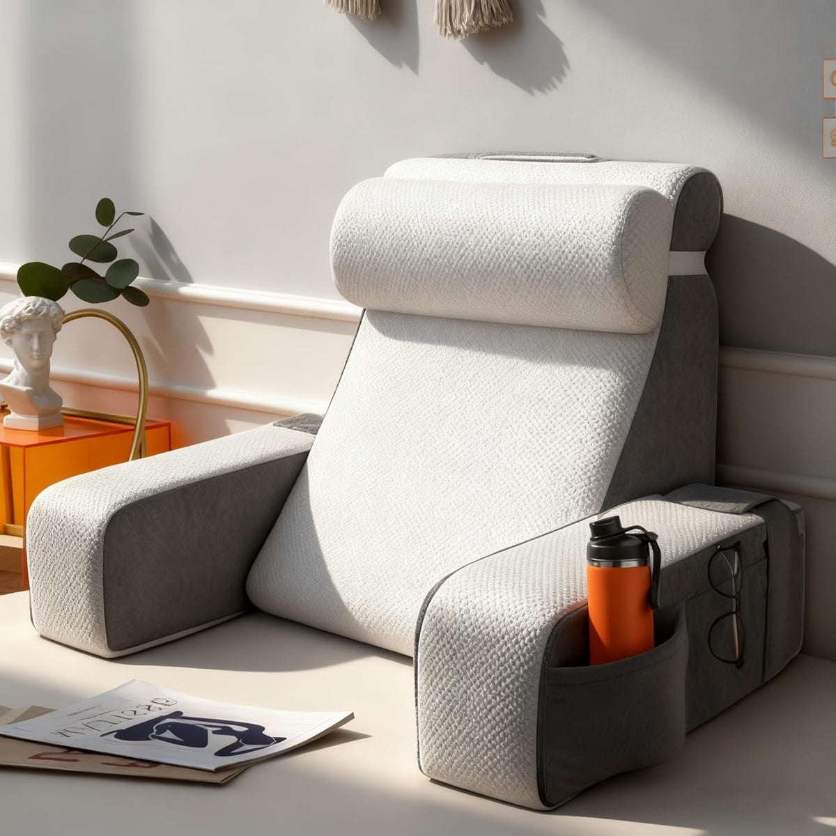 Pernă mare de citit cu suport pentru gât și cotiere detașabile, pernă pentru spate pentru pat, pernă ergonomică pentru spătar cu braț, buzunar și husă lavabilă pentru citit și vizionat la televizor.