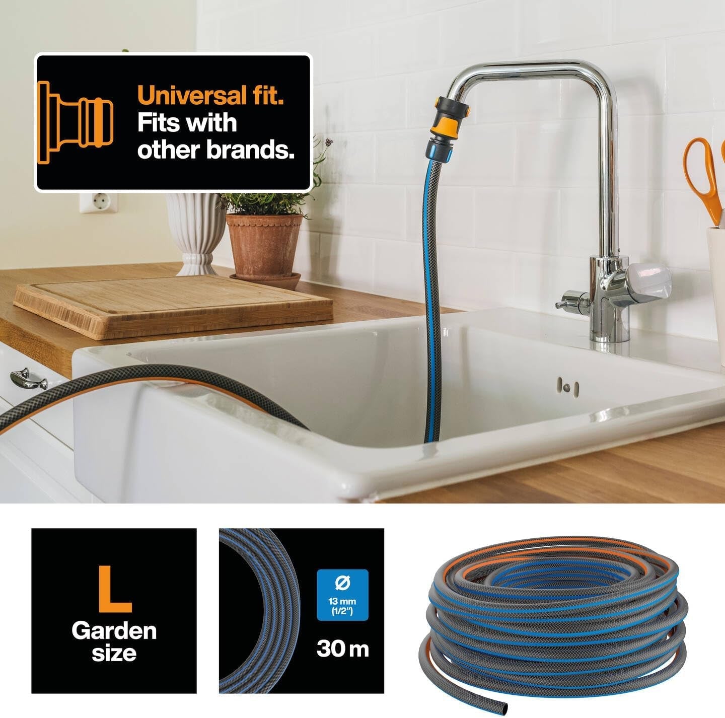 Furtun de apă Fiskars L, protecție UV, testat la presiune, nivel de rigiditate torsională 4 (din 5), 30 m, Ø 1,3 cm (1/2"), 4,2 kg, Negru/Portocaliu/Albastru, 1027105