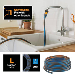 Furtun de apă Fiskars L, protecție UV, testat la presiune, nivel de rigiditate torsională 4 (din 5), 30 m, Ø 1,3 cm (1/2"), 4,2 kg, Negru/Portocaliu/Albastru, 1027105