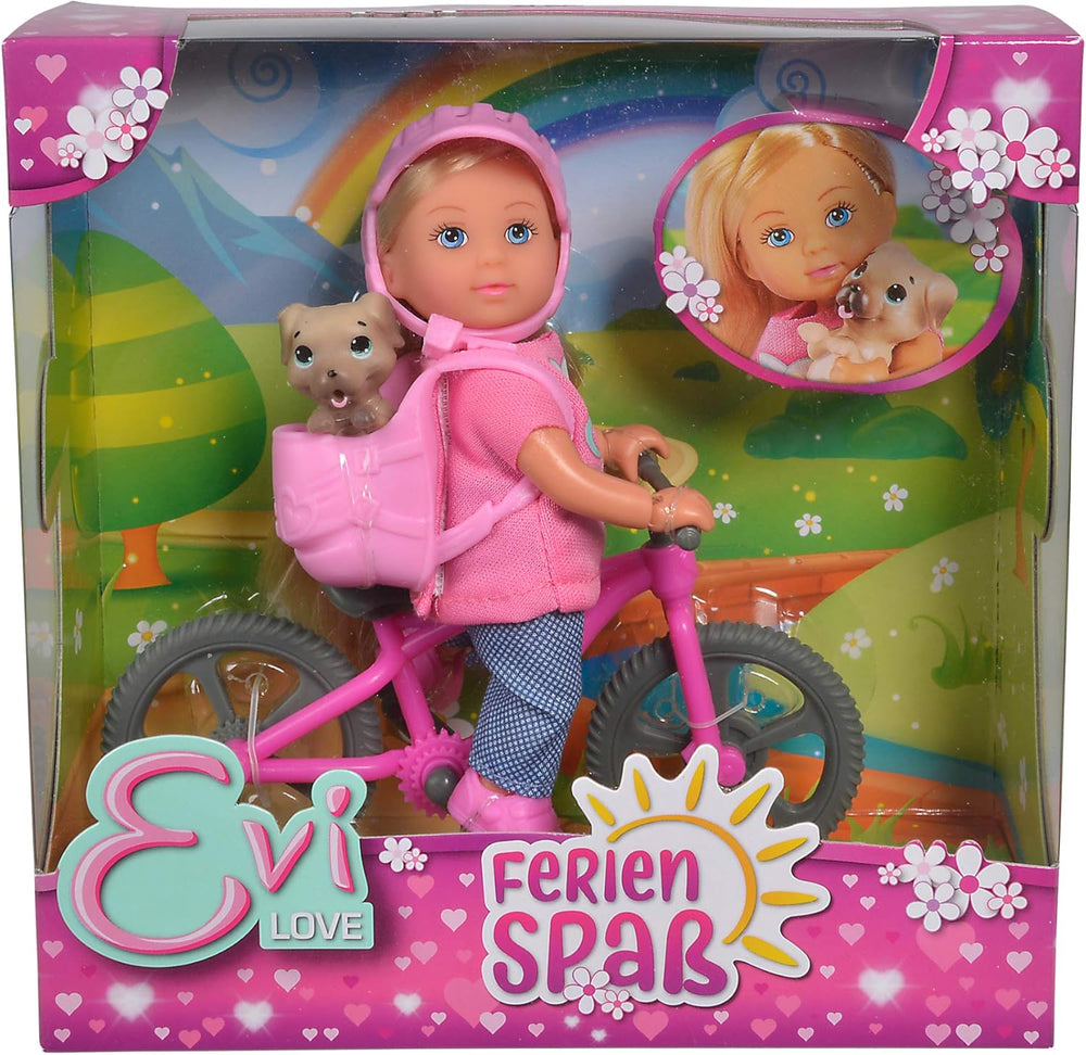 Simba 105733273 - Evi Love Ferienspaß Fahrrad, Puppe mit Fahrrad, Hund und Rucksack, Ankleidepuppe, 12cm, para niños de 3 años