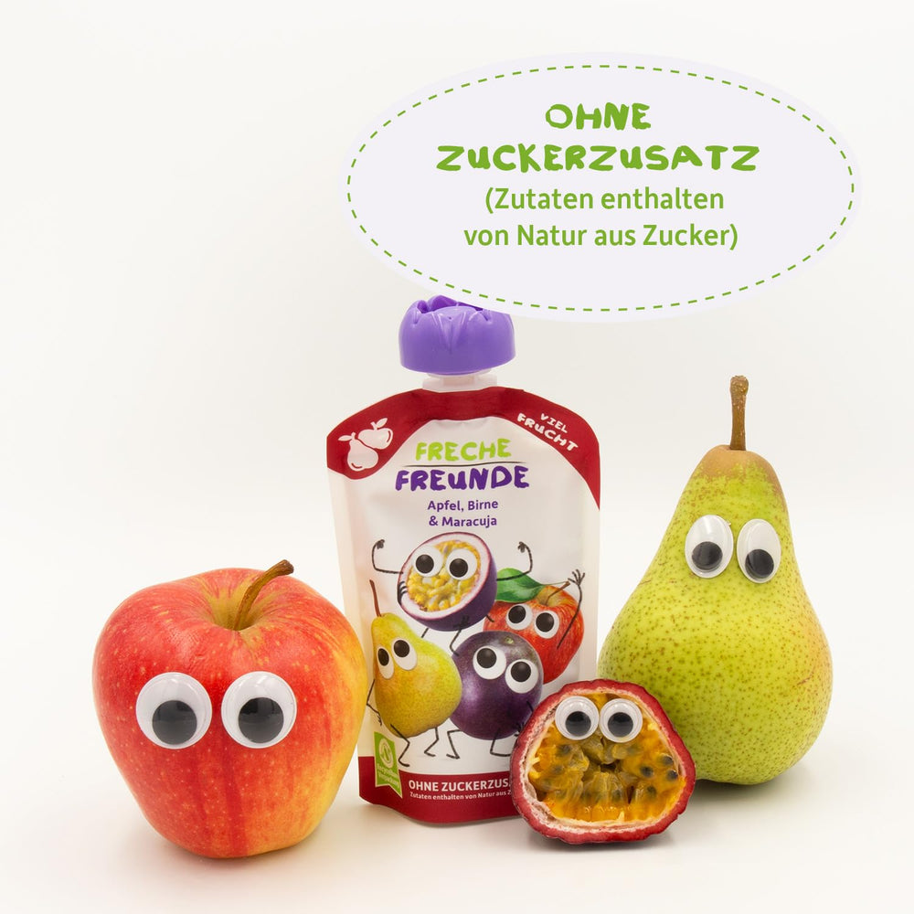 FRECHE FREUNDE Bio Quetschie Apple, Birne & Maracuja, Fruchtmus mit Obst im Quetschbeutel für Babies from 6. Month, vegan, 6er Pack (6 x 100g)