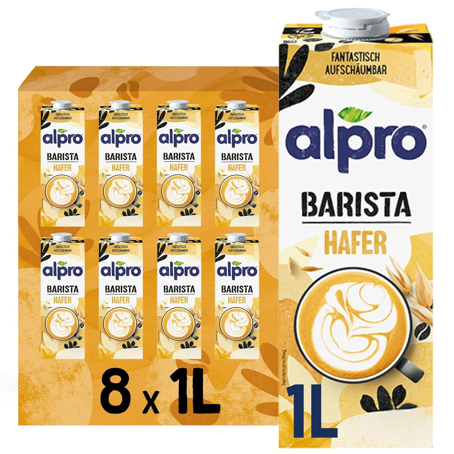 Alpro Barista Haferdrink – Zum Aufschäumen – Vegan und milchfrei – Von Natur aus lactosefrei – Rich an Ballaststoffen, Calcium and Vitaminen – 8 x 1 L – Haltbar
