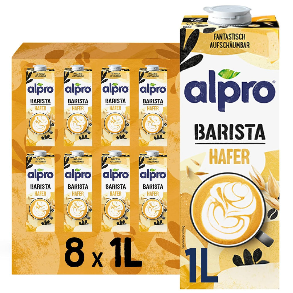 Alpro Barista Haferdrink – Zum Aufschäumen – Vegan und milchfrei – Von Natur aus lactosefrei – Rich an Ballaststoffen, Calcium and Vitaminen – 8 x 1 L – Haltbar