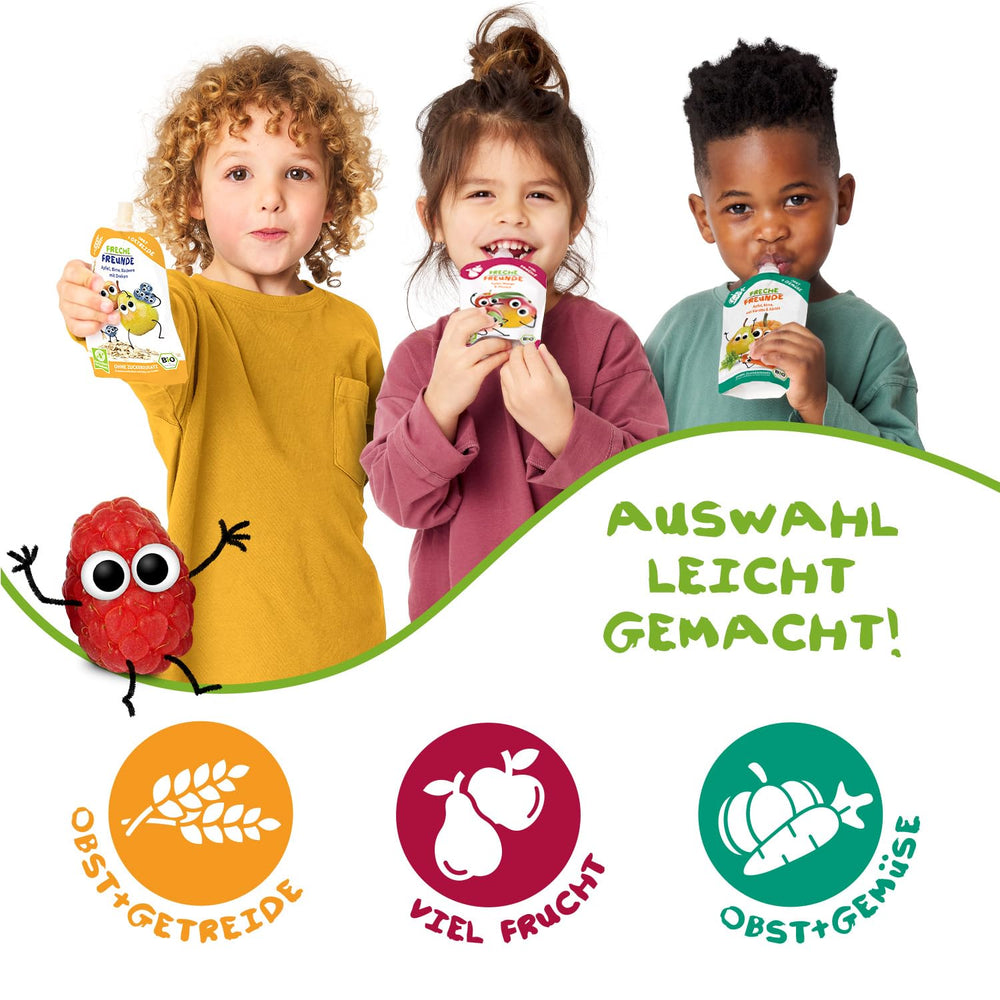 FRECHE FREUNDE Bio Quetschie Apple, Erdbeere, Himbeere mit Grieß, Fruchtmus mit Getreide in Quetschbeutel für Babies from 6. Month, vegan, 6er Pack (6 x 100g)