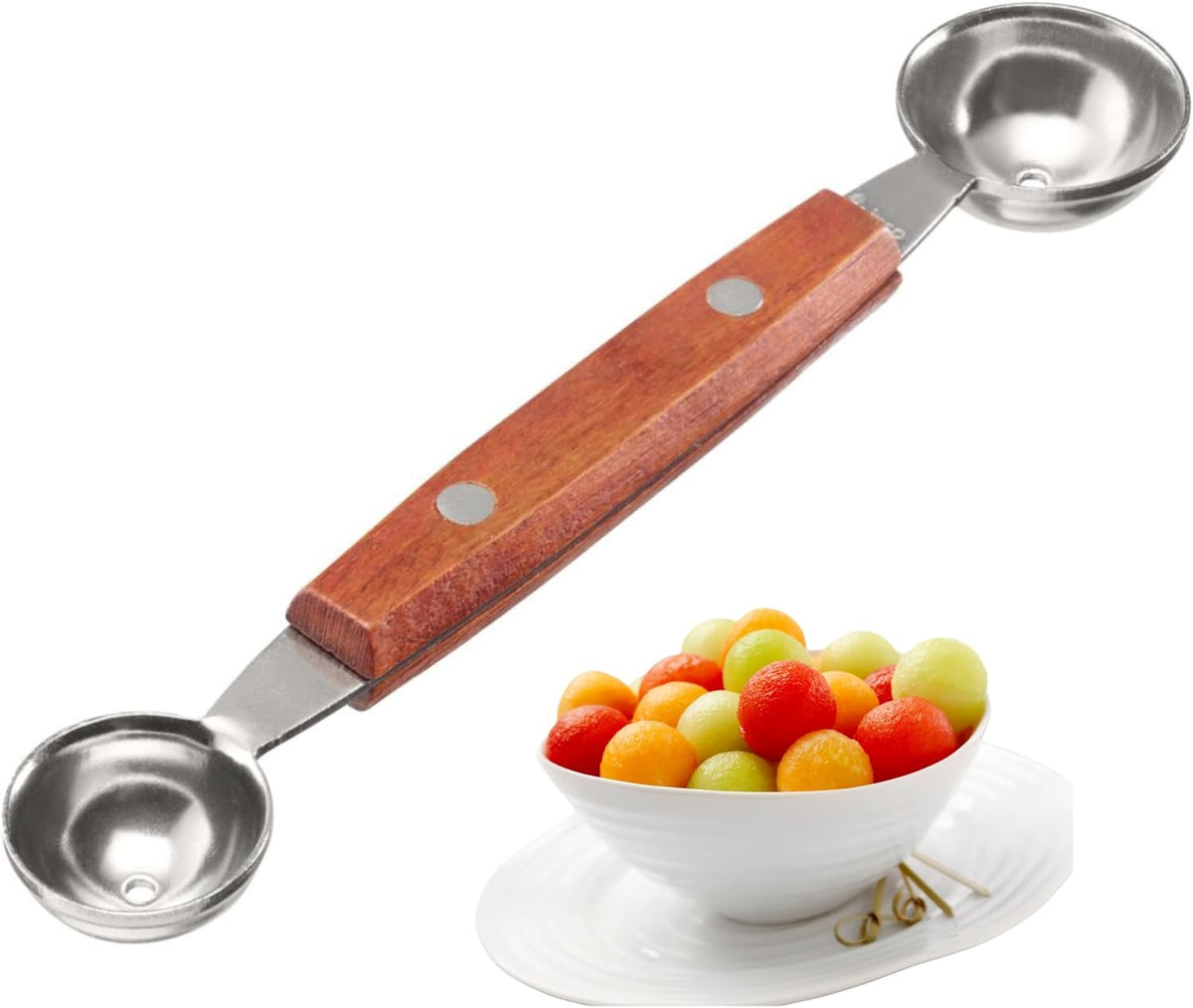 Westmark Baller cu două fețe Woody – Formator mic de bile pentru pepene, kiwi, alte fructe și legume, precum și înghețată, cremă de brânză sau unt – Oțel inoxidabil, lemn