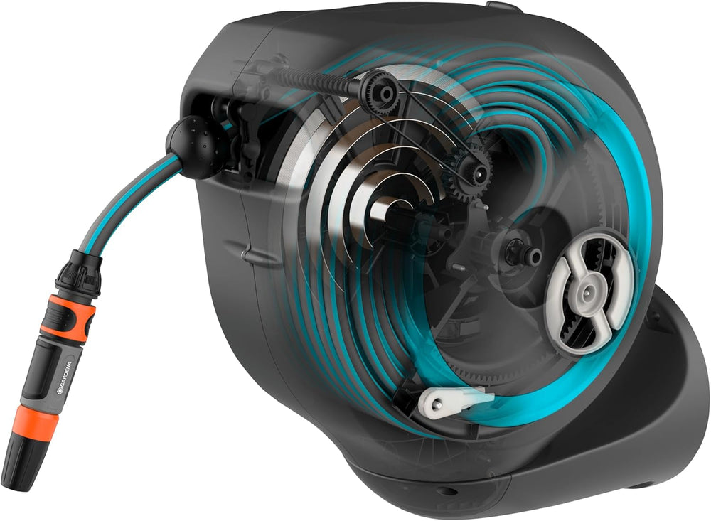 Cutie de furtun de perete Gardena RollUp M (turcoaz) 20m: Irigații flexibile pentru grădini de dimensiuni medii, tambur de furtun rotativ, cu suport de perete, componente ale sistemului și duză de pulverizare, inclusiv furtun de 20m (18610-20)