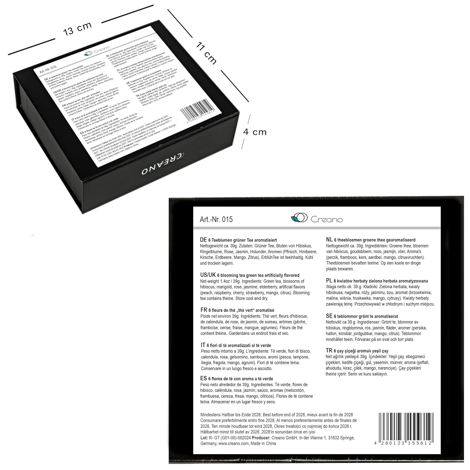 Creano 6 flori de ceai cutie cadou Ceai verde în cutie magnetică elegantă cu imprimeu argintiu - 6 sortimente diferite - cadou de Crăciun