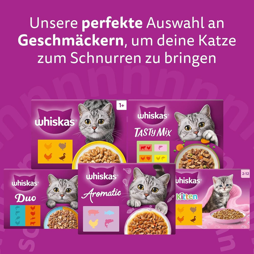 Hrană umedă Whiskas 7+ pentru pisici, selecție de păsări de curte în sos, 24 x 85 g (2 pachete) – Hrană umedă de înaltă calitate, de la 7 ani, în pliculețe cu 48 de porții