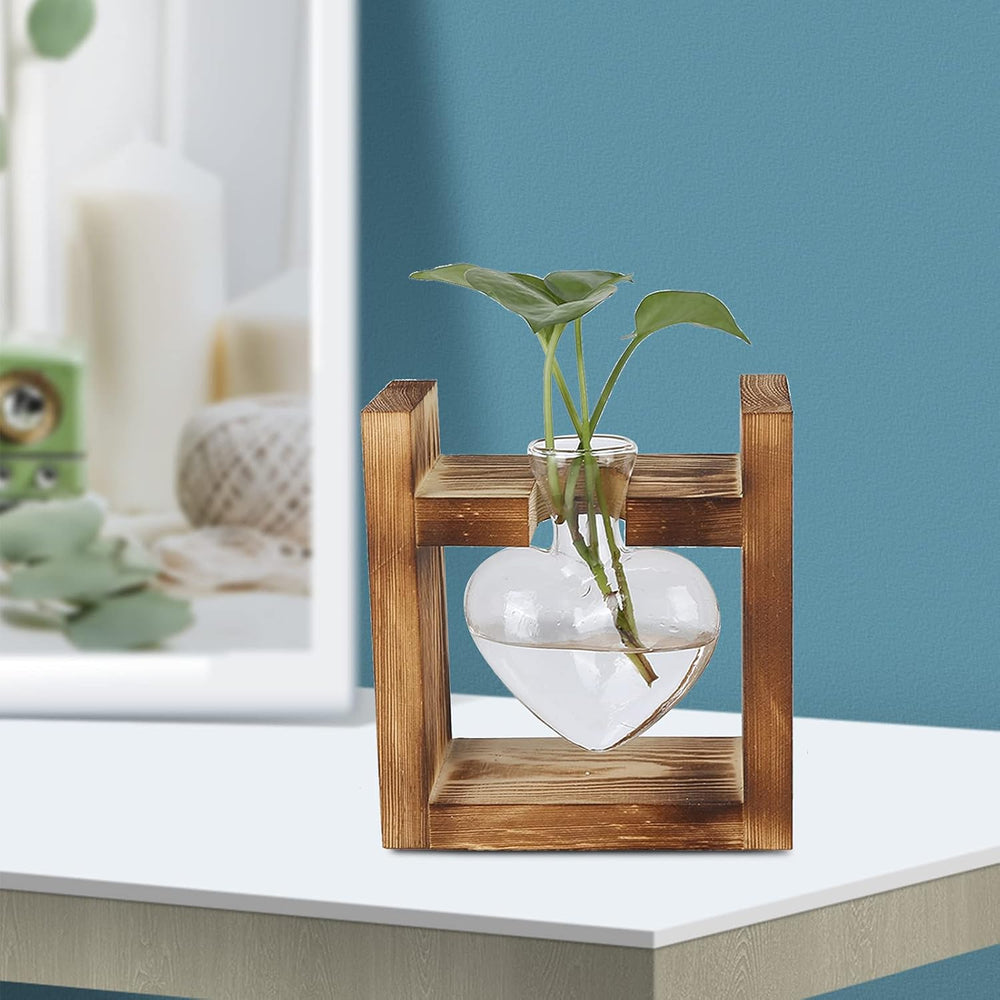 Terrario de plantas con soporte de madera, jarrón de mesa en forma de corazón, plantas hidropónicas de vidrio transparente para decoración del jardín del hogar, decoración de flores hidropónicas para oficina, sala de estar, cocina (A)