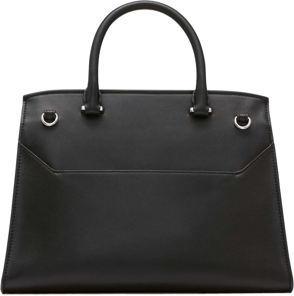Calvin Klein Ladies Turn Lock Satchel - 2 în 1, piele vegană, 3 buzunare Becky Turnlock Geantă de umăr, negru/argintiu Genti Femei Naty Shop