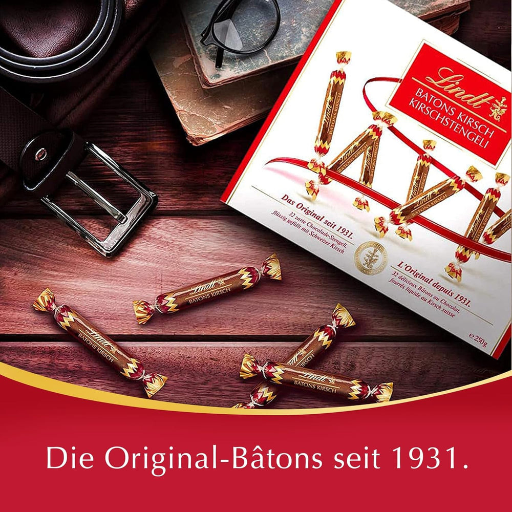 Barras de chocolate Lindt con tallos de cereza | 250 g 32 barras de chocolate con leche rellenas de líquido con cereza suiza | Regalo de chocolate con alcohol | regalo de chocolate