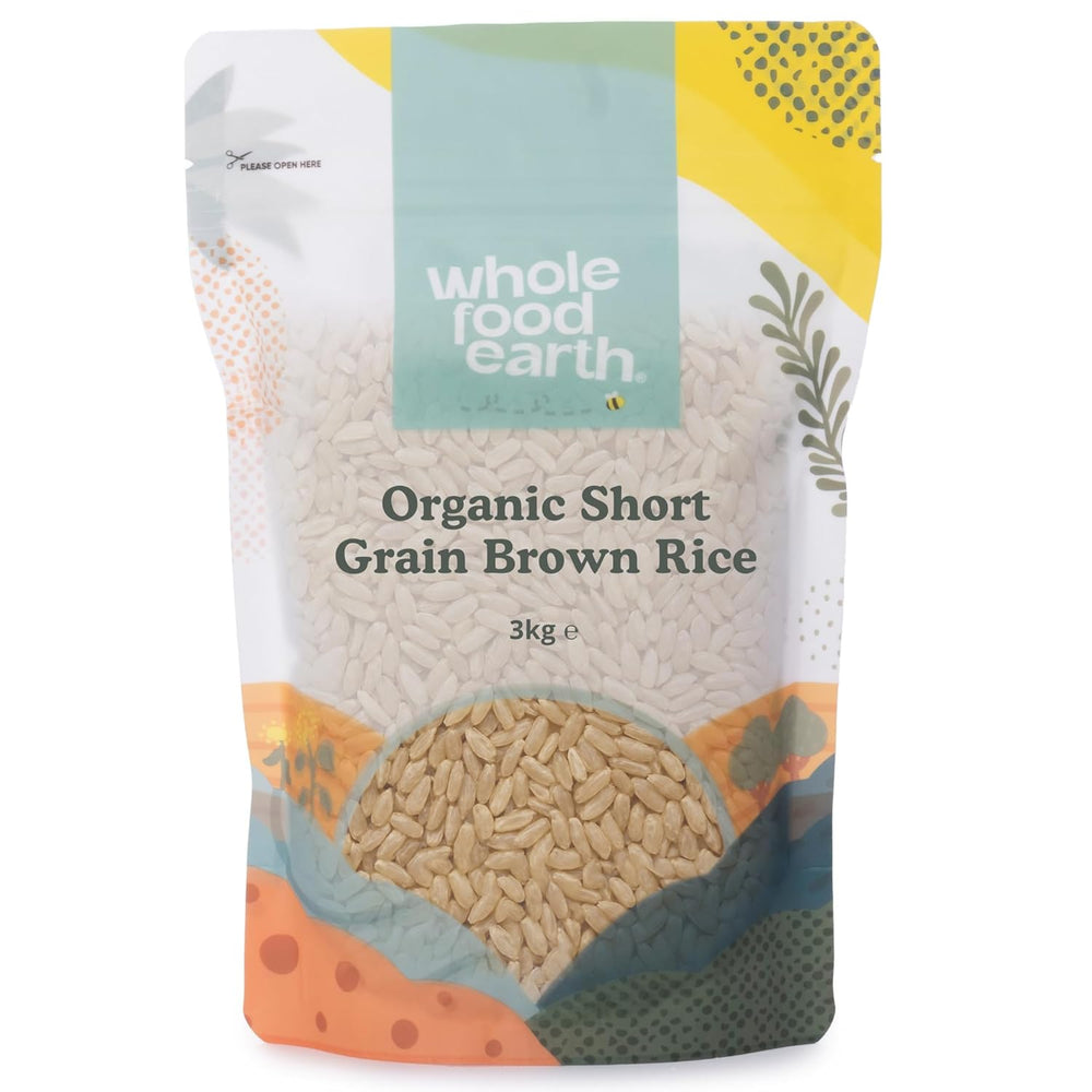 Wholefood Earth Arroz integral orgánico de grano corto 3 kg Sin OGM Vegano Fuente de fibra procedente de agricultura ecológica controlada