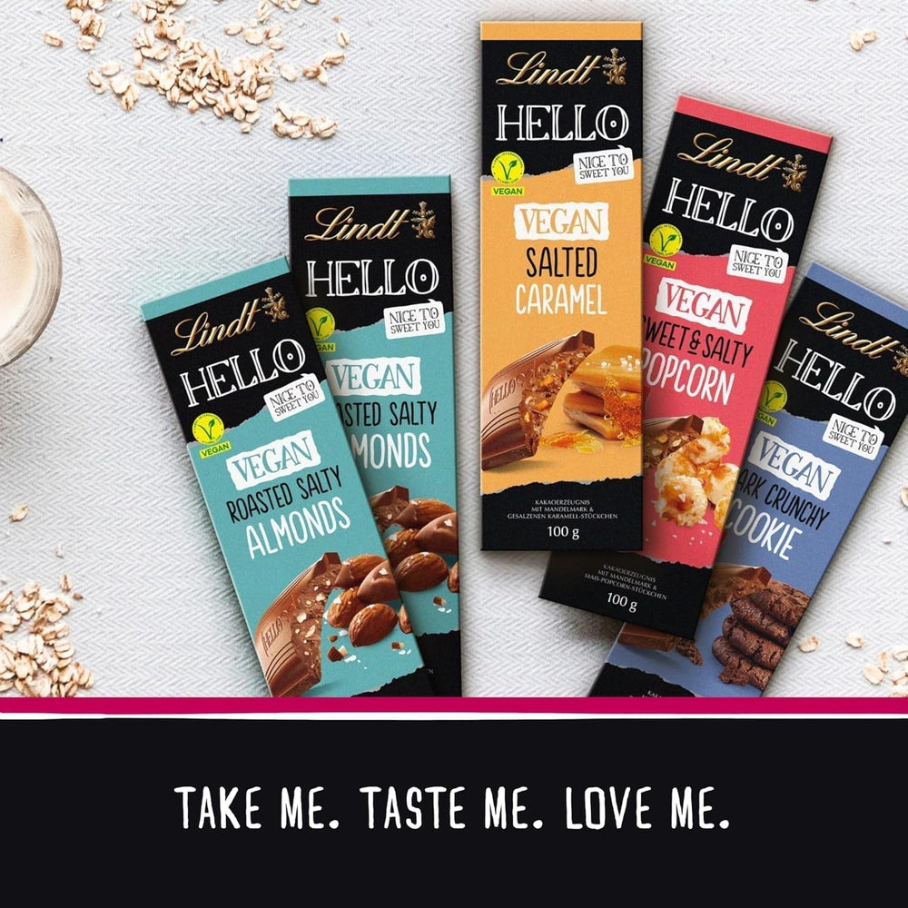 Lindt Schokolade HELLO Tafel Vegan Salted Caramel | 100 G Tafel | Vegan Mit Kakao, Mandelmark, Karamellzucker Und Einem Hauch Von Salz | Schokoladengeschenk Naty Shop