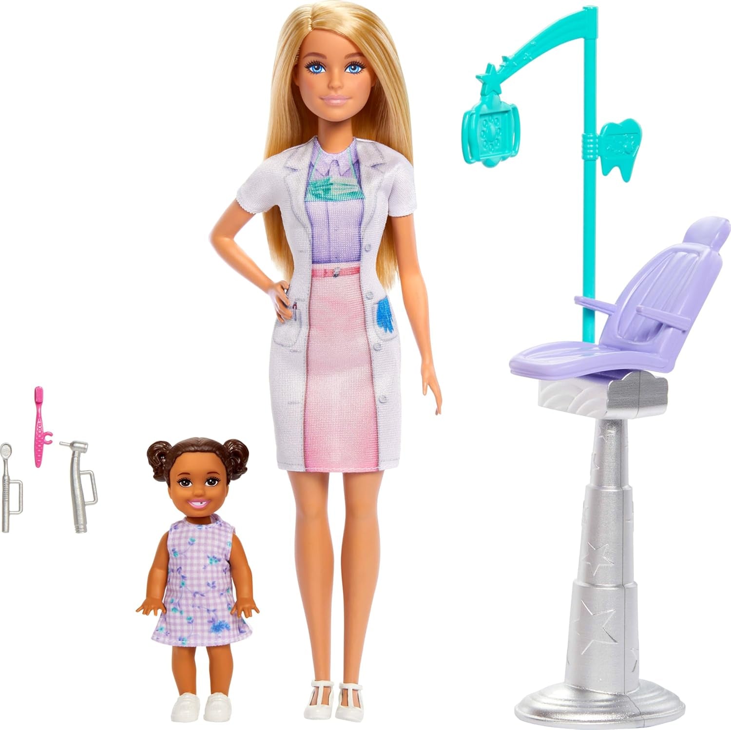 Păpușă Barbie Dentist, Păpușă la modă cu păr blond, rochie albastră și halat de laborator, Păpușă pentru 1 copil, Accesorii de examinare și accesorii asortate, JCR74