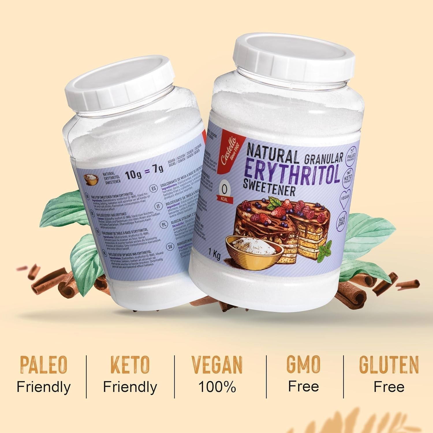 Natural Erythrit - Kristallzucker | 10G = 7G Zucker | Natürlicher Zuckerersatz - 0 Kalorien - 0 Glykämischer Index - Keto Und Paleo - 0 Netto-Kohlenhidrato - Kein GVO - Castello since 1907-1Kg Edulcorantes Naty Shop