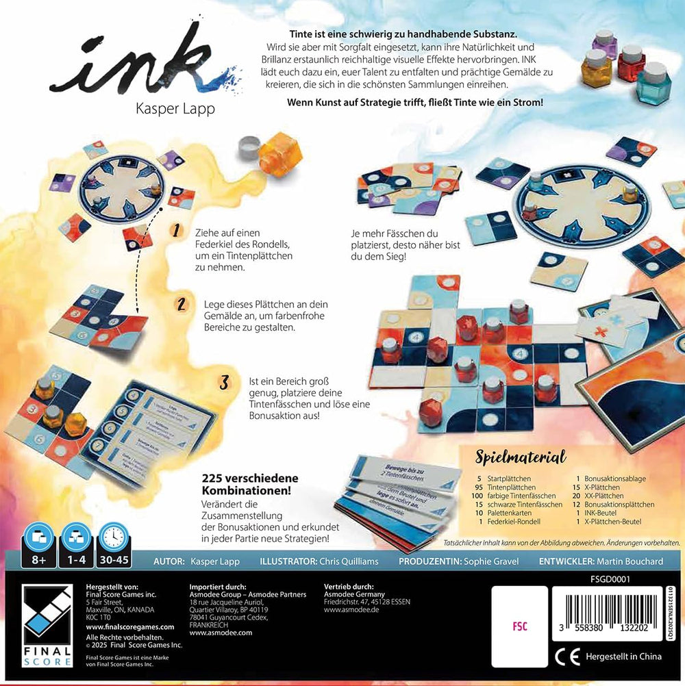 Asmodee, Ink, Final Score Games, Juego familiar de estrategia y arte, de 1 a 4 jugadores, mayores de 8 años, de 30 a 45 min, versión alemana