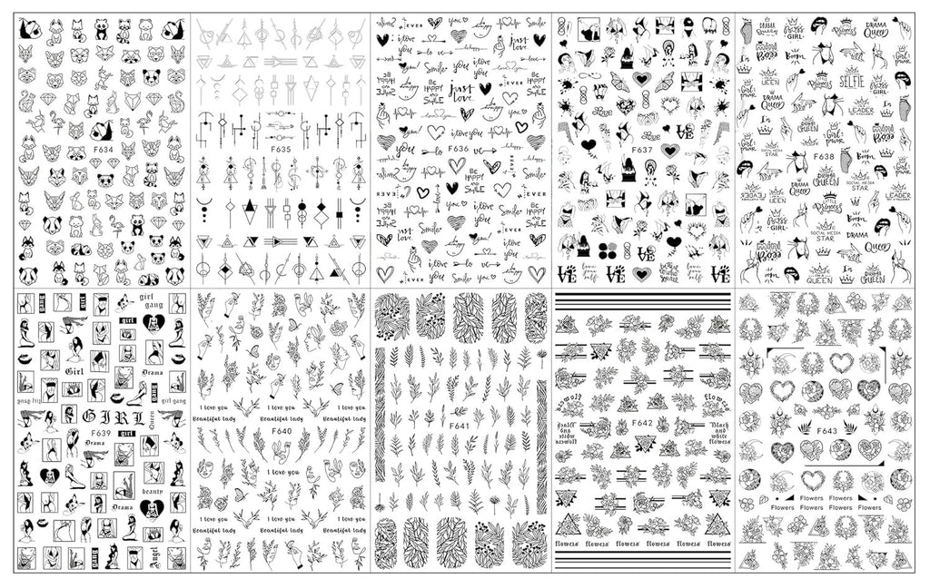 JMEOWIO Nagelsticker Geometrie 10 Blatt Nagelaufkleber Selbstklebend Schwarzes Herz Unregelmäßig Geformt Nail Art Sticker Dekoration Nageldesign Zubehör