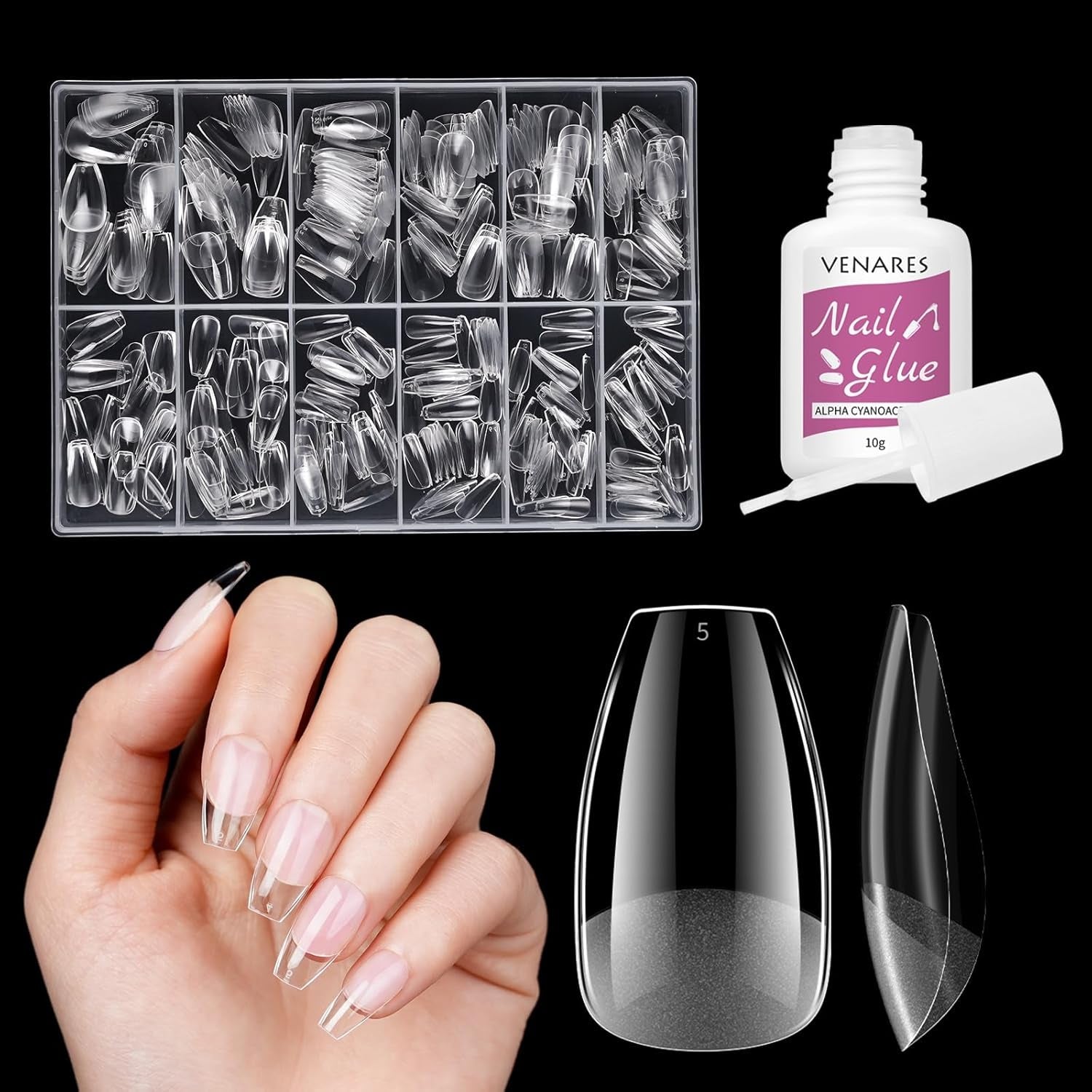 Unghii false scurte, model balerină, 500 bucăți, pentru lipire, 12 dimensiuni, unghii artificiale, scurte, cu gel moale, acoperire completă, vârfuri de unghii pentru unghii cu gel, scurte, S