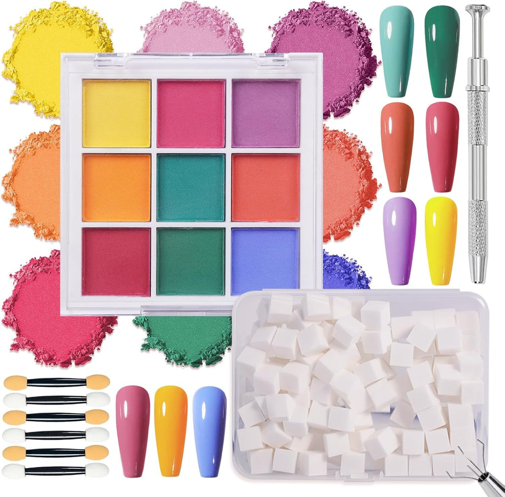 9 Farben Pigment Für Nägel, Nagelpulver Nail Powder 100 Stück Nail Art Schwamm Mit Metallgreifer, Ombre Glitzerpulver Nagelpuder Nailart Nagel Deko Für DIY Nageldesign, B