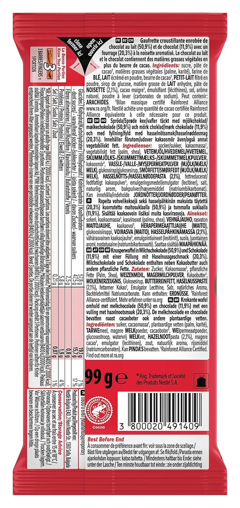 Oblea crujiente Nestlé de avellana con relleno cremoso de avellana y cobertura de chocolate veteado, paquete de 2 (1 x 99 g)