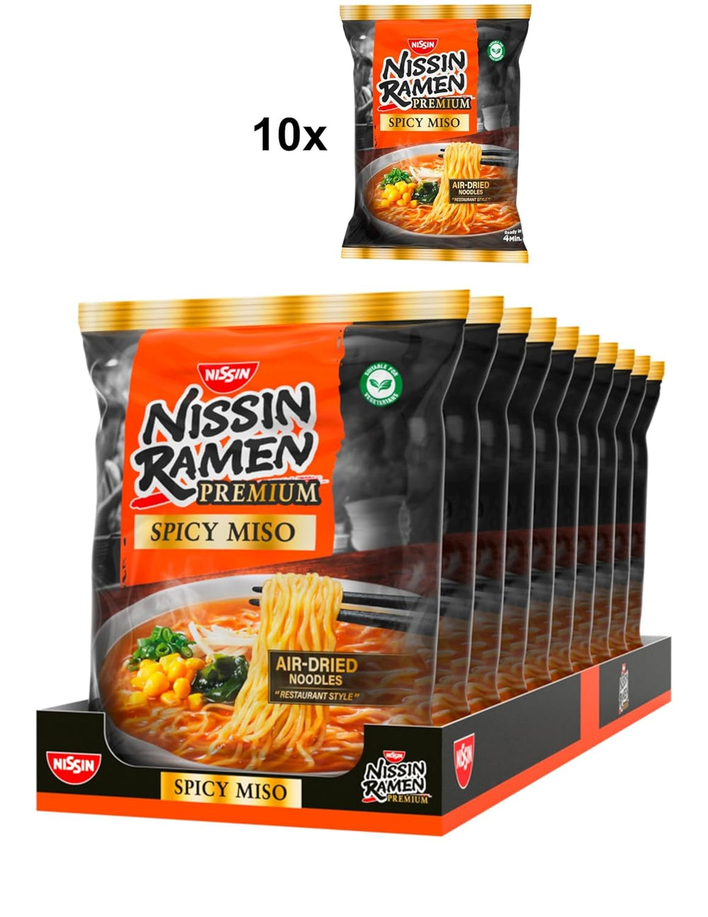 Nissin Ramen Premium - Miso Spicy Paquete de 10 fideos instantáneos secos al aire estilo japonés para ramen 'estilo restaurante' con un sabor ligeramente picante de miso y hojuelas de wakame (10 x 90,7 g)