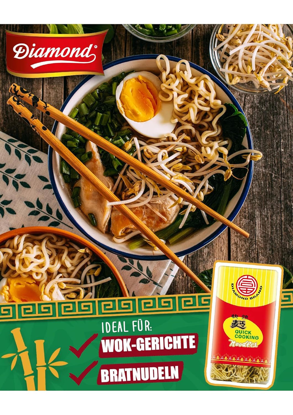 DIAMOND Fideos instantáneos sin huevo, fideos instantáneos al wok con harina de trigo y guarniciones - 1 x 500 g