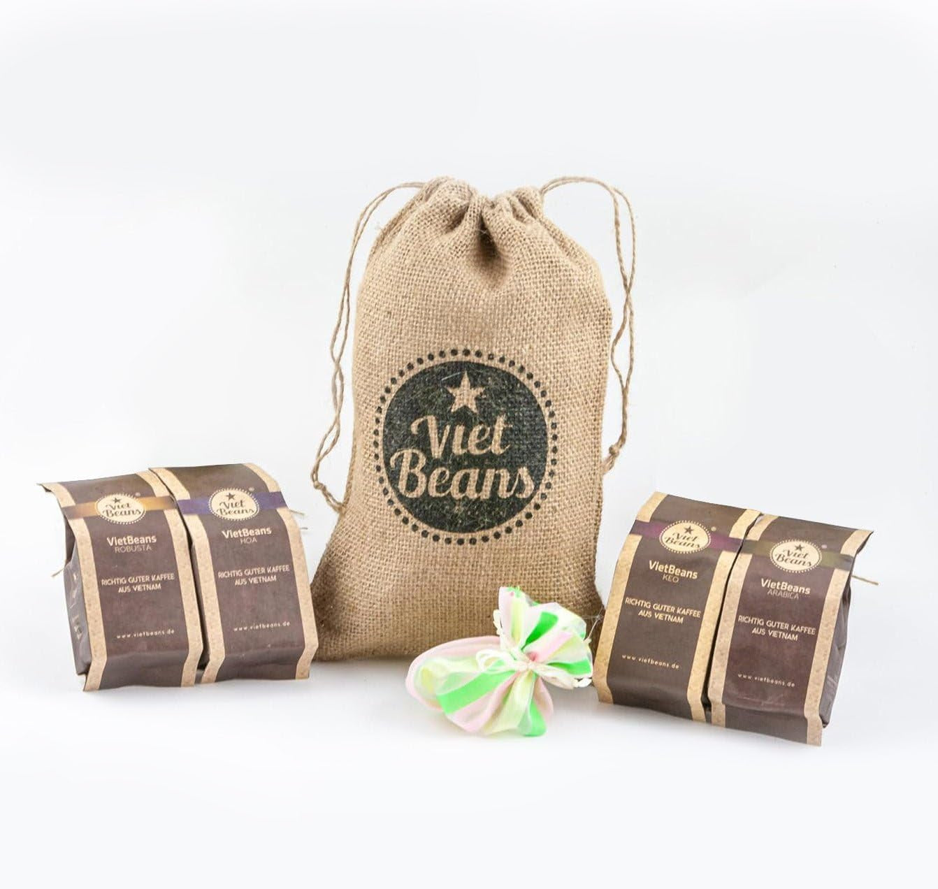 Kaffee Geschenk für Kaffeeliebhaber - Kaffeesack Jute - Vier Sorten exotischer Kaffee im Jutesack - Weihnachten Geschenkidee - Geschenk für Kaffeetrinker - Ganze Bohne