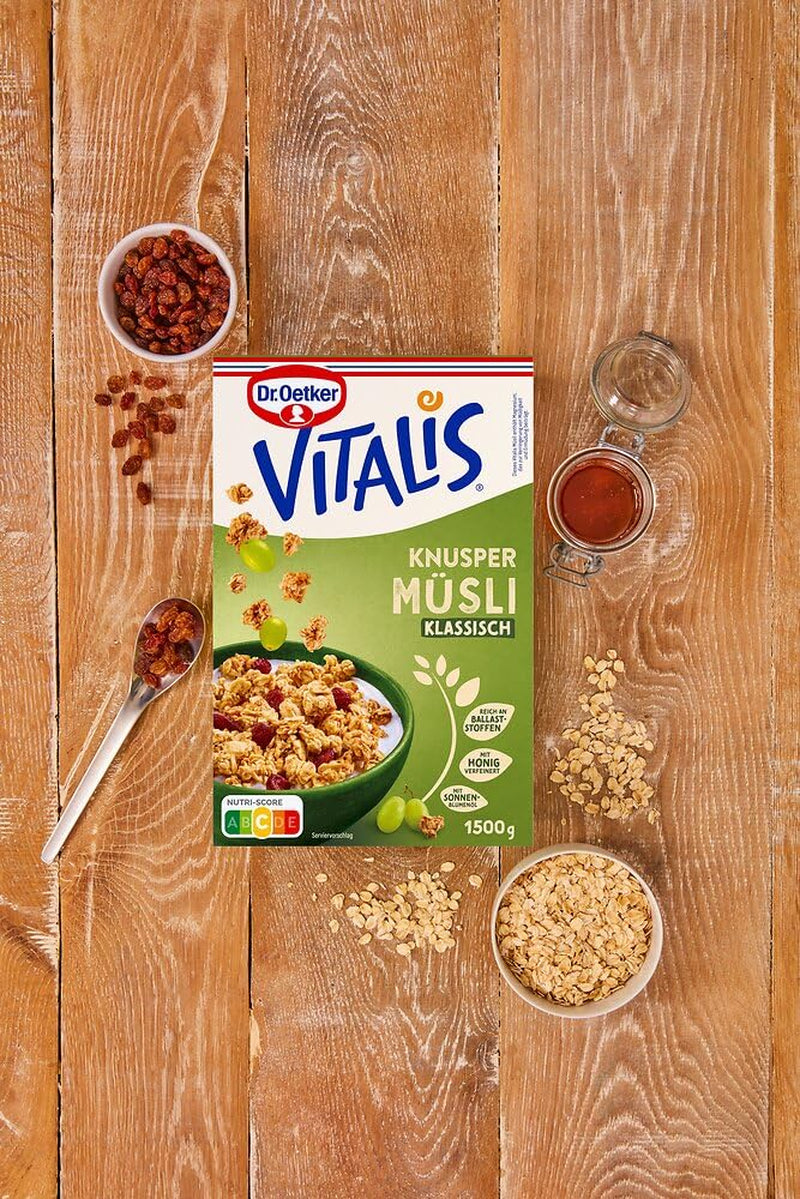 Dr. Oetker Vitalis Classic Crispy Muesli: paquete grande de muesli crujiente para el desayuno con pasas, 1 paquete, 1,5 kg