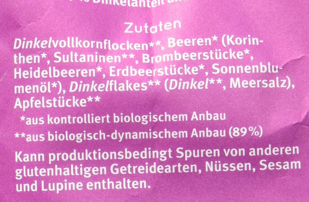 Muesli con sabor a bayas de espelta Hof, sin azúcar, 425 g