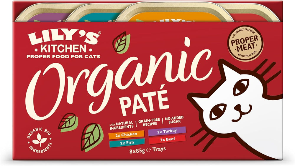 Hrană umedă Lily's Kitchen pentru pisici adulte, cu ingrediente naturale, pachet multiplu de tăvi, pate organic, fără cereale, 4 x (8 x 85g)