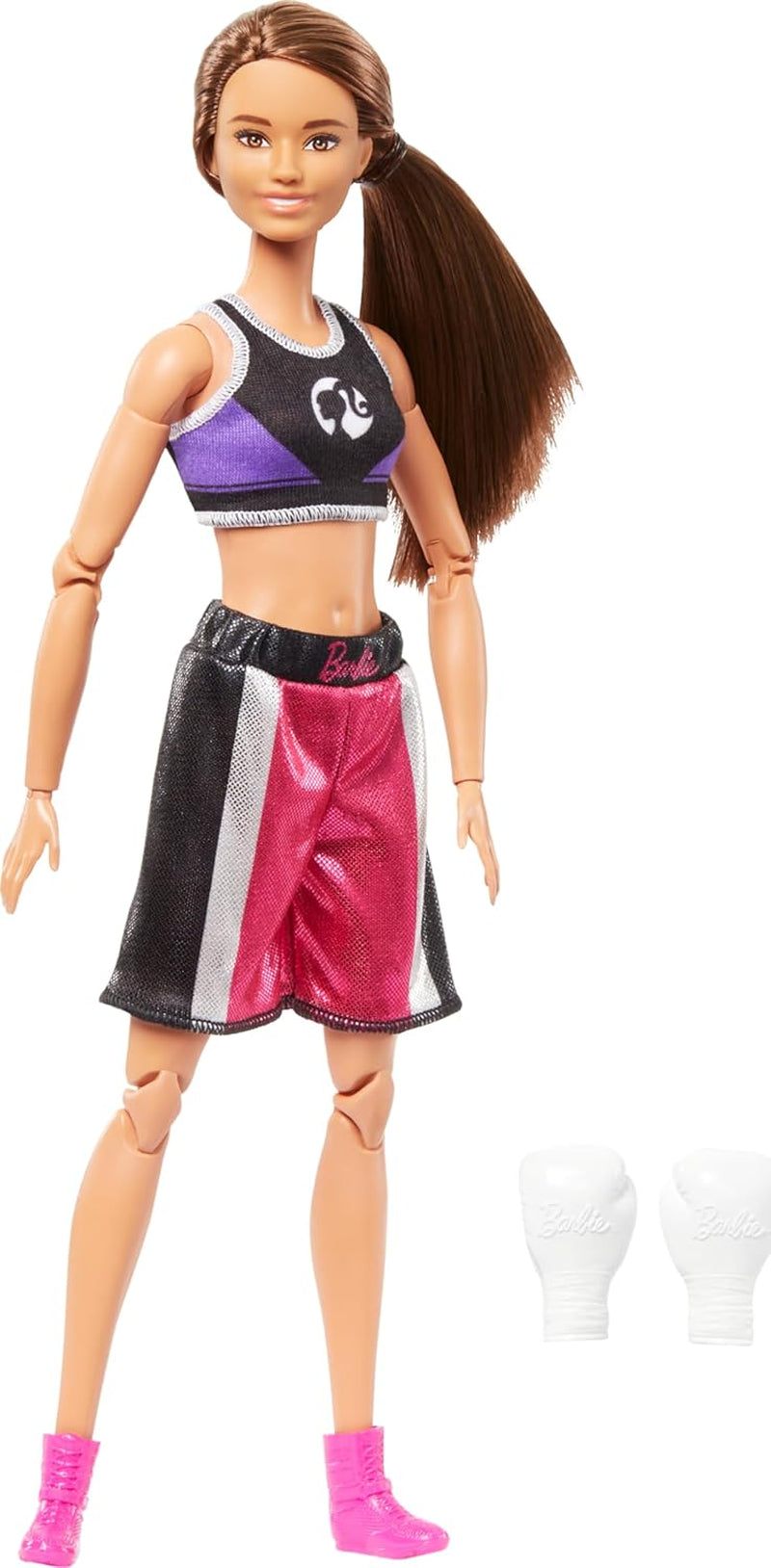 Păpușă Barbie Made to Move și accesorii, boxer brunetă cu echipament sportiv detașabil cu mănuși de box, 22 de articulații mobile, HRG40 Papusi Naty Shop