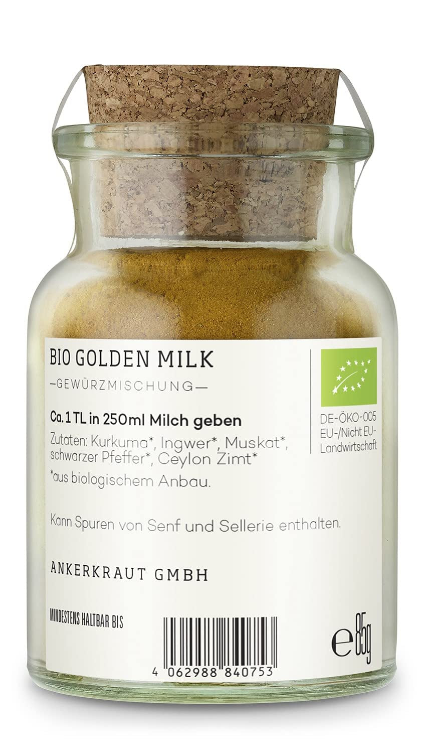 Ankerkraut Bio Golden Milk, Gewürz für goldene Milch, con cúrcuma, Zimt und Ingwer, 75 g en vaso con corcho