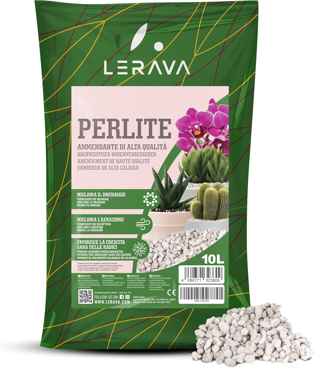 LERAVA® Perlita para Plantas (5L) – Perlita de grano grueso para la mejora del suelo – Garantiza un drenaje y aireación óptimos – Aditivo natural para suelos e hidroponía – Gránulos para plantas