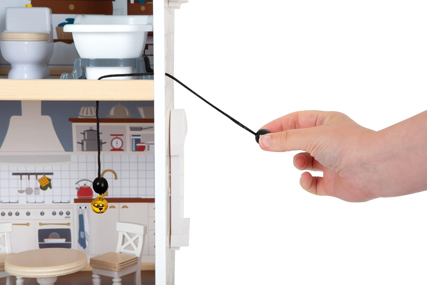 Casă de păpuși din lemn Small Foot, cu 3 etaje, față deschisă și 12 piese de mobilier, pentru copii cu vârsta de la 3 ani în sus, 11802, alb gri