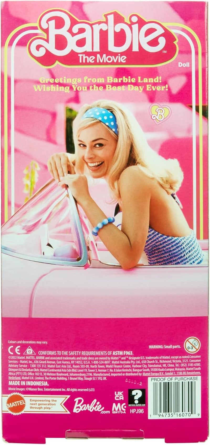 Păpușă Barbie, păpușă The Movie, în rochie roz și albă și colier cu margarete, Margot Robbie, piesă de colecție, jucărie pentru copii de la 3 ani, HPJ96