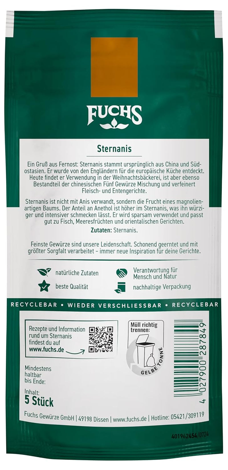 Fuchs Gewürze - Sternanis ganz | Ingrediente natural | Bolsa reciclable y resellable de 9 g.