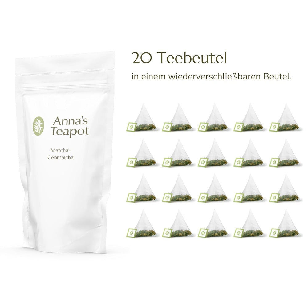 Ceai verde organic Genmaicha Anna'S Teapot - Ceai verde japonez în pliculețe cu orez brun prăjit și Matcha - 20 pliculețe piramidale în pungă resigilabilă