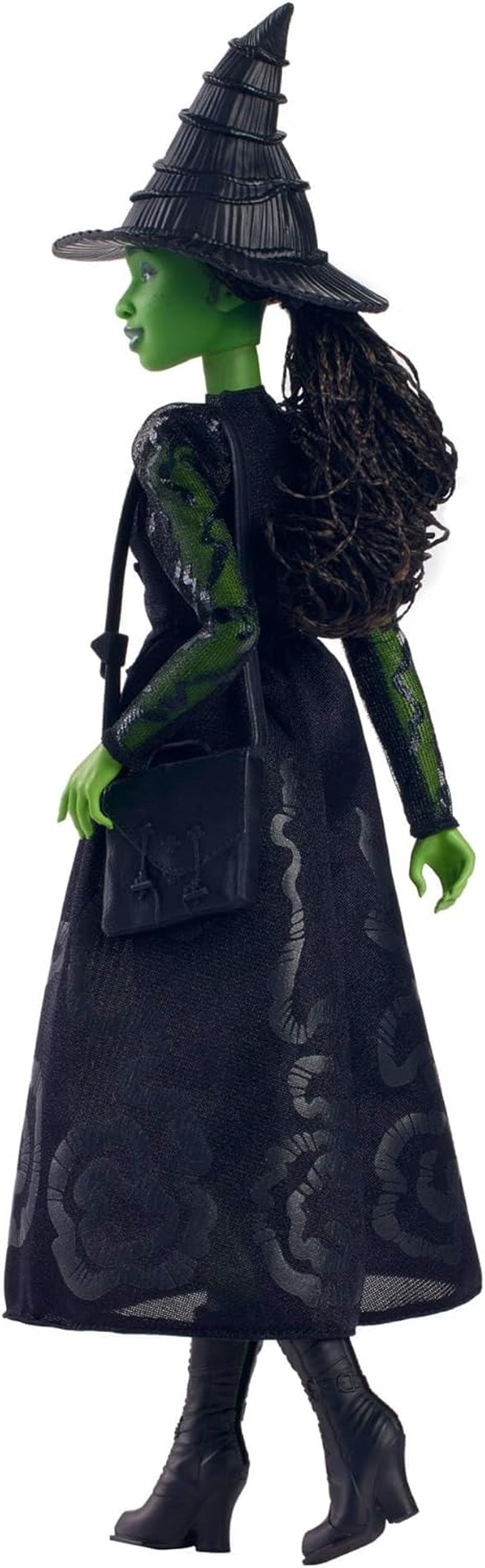 Păpușă de modă Mattel Wicked Elphaba și accesorii cu piele verde, păr negru împletit, diverse poziții posibile și aspect de rochie de bal detașabilă, HXT62, [Multicoloră]