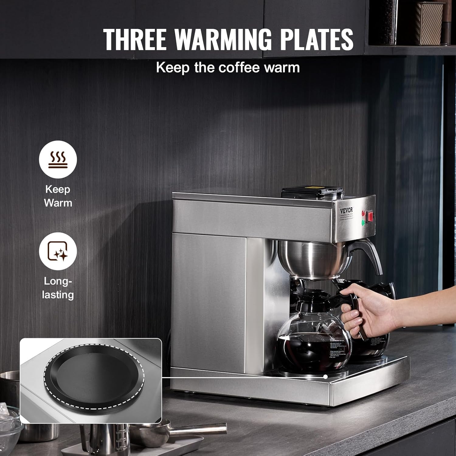 VEVOR Espressor comercial cu filtru pentru 12 căni, espressor cu 3 carafe de sticlă și 3 plăci de încălzire, espressor din oțel inoxidabil cu alimentare automată cu apă, pentru restaurante, birouri, cafenele